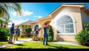 Professional team performing a soft wash on a residential home in Kissimmee, FL, showcasing effective exterior cleaning.