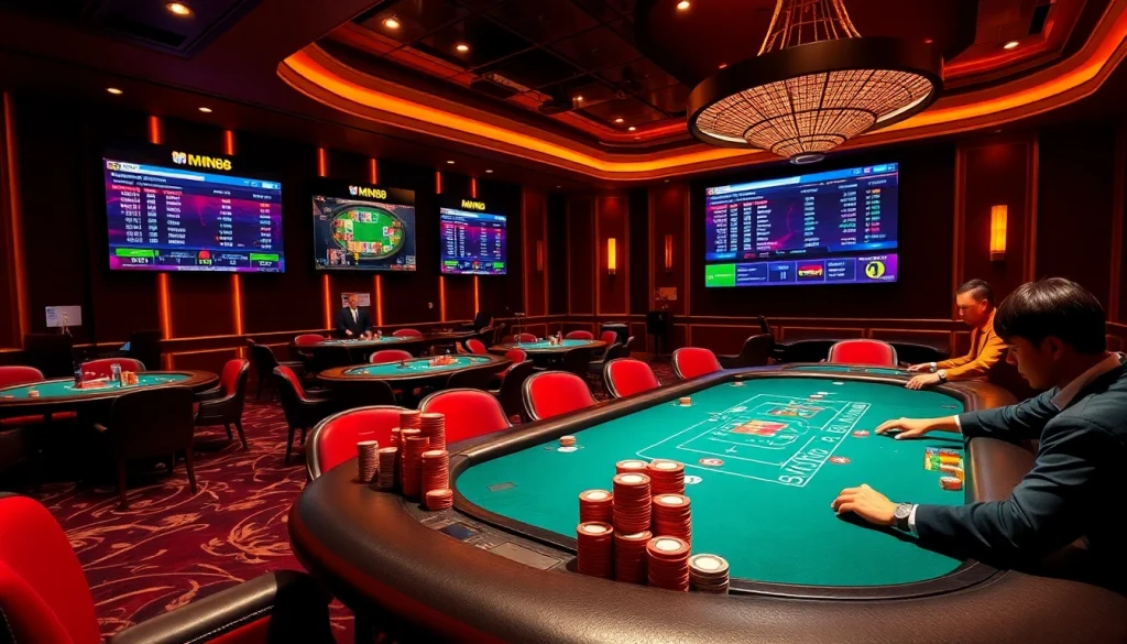 Players engaging in a high-stakes poker game at MM88 casino, showcasing vibrant chips and tension-filled atmosphere.