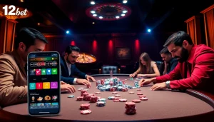 Experience thrilling poker action at 12bet with colorful chips and intense focus on players.