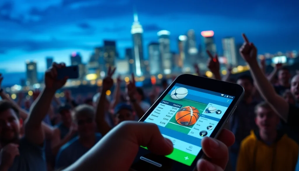 Showcase sports betting apps Alberta featuring an interactive app interface against a vibrant city backdrop.