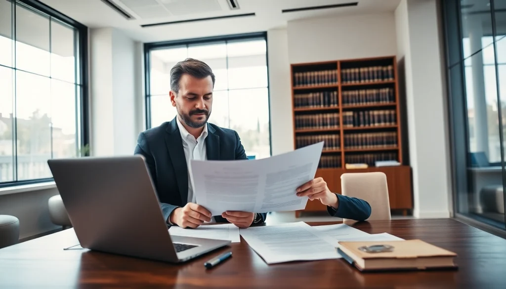Real estate lawyer reviewing documents with a client in a professional office setting.