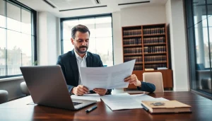 Real estate lawyer reviewing documents with a client in a professional office setting.