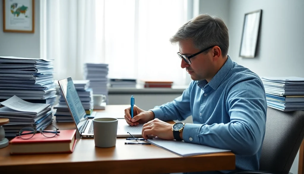 Un traducteur assermenté russe concentré travaillant à un bureau professionnel, mettant l'accent sur les documents juridiques et les outils de traduction.