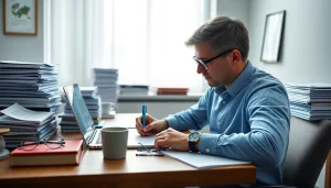 Un traducteur assermenté russe concentré travaillant à un bureau professionnel, mettant l'accent sur les documents juridiques et les outils de traduction.