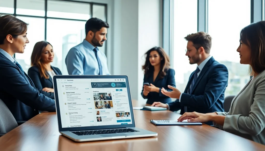 Engaged professionals conducting a job search in a bright office environment.