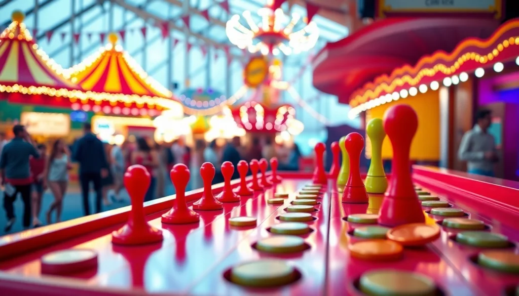 Menjatuhkan koin di papan plinko yang penuh warna di festival yang meriah.