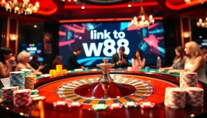 Engage in high-stakes gaming with the link to w88 at an elegant casino table filled with chips and cards.