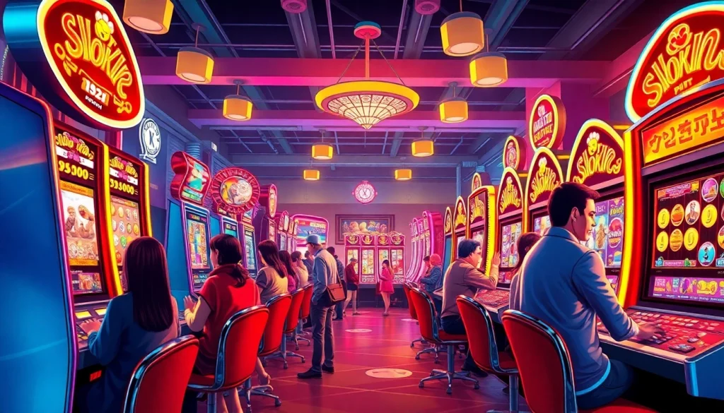 Engaging scene of players at a vibrant slot hoki casino with colorful machines and dynamic lighting.