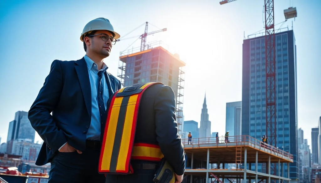 New York City General Contractor supervising a construction project with city skyline.