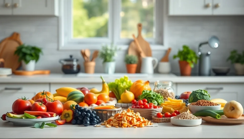 Explore a balanced meal for intermittent fasting featuring colorful foods in a bright kitchen.