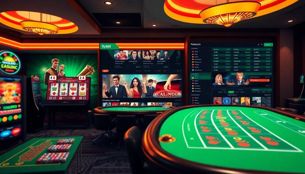 Experience the dynamic online gaming world of fly88.com with engaging casino and sports betting visuals.