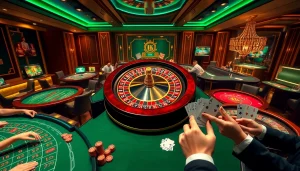 Experience the thrill of gaming at Trang Chủ THABET with vibrant casino tables and engaging players.