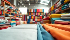 Katoen stoffen met verschillende texturen in een levendige stoffenzaak.