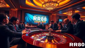 RR88 casino patrons enjoying an exciting game at a roulette table with vibrant lighting.