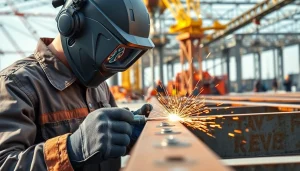 Welding professionals performing structural steel welding on steel beams with precision and focus.