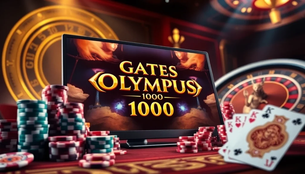 Play the thrilling Gates of Olympus 1000 slot game amidst vibrant casino lights and casino elements.