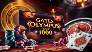 Play the thrilling Gates of Olympus 1000 slot game amidst vibrant casino lights and casino elements.
