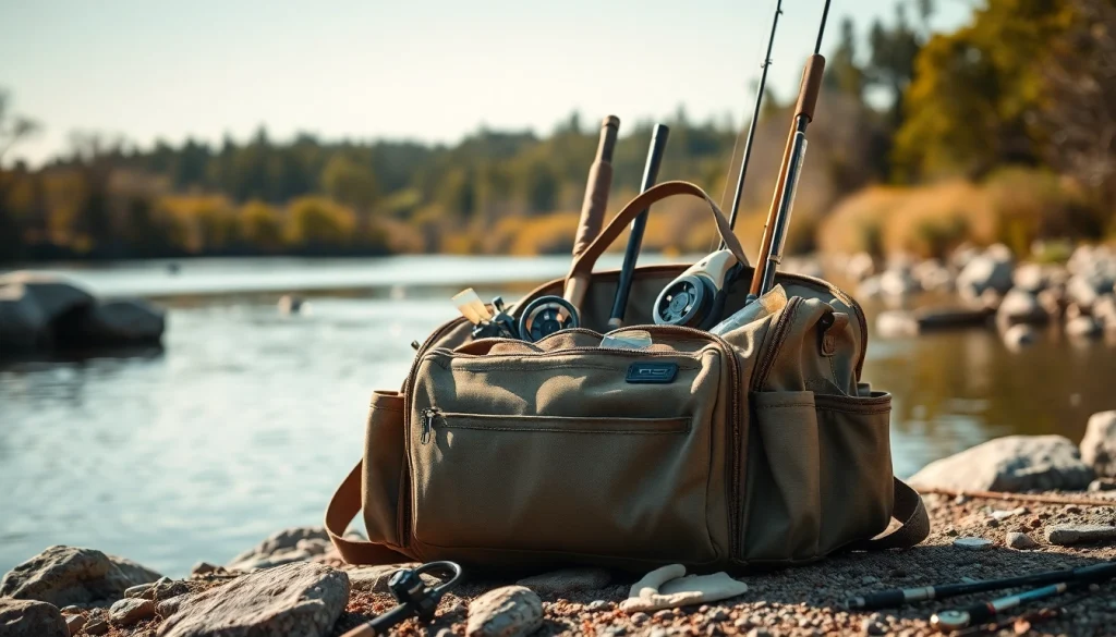 Showcasing a Fly fishing bag filled with fishing gear in a tranquil river setting.