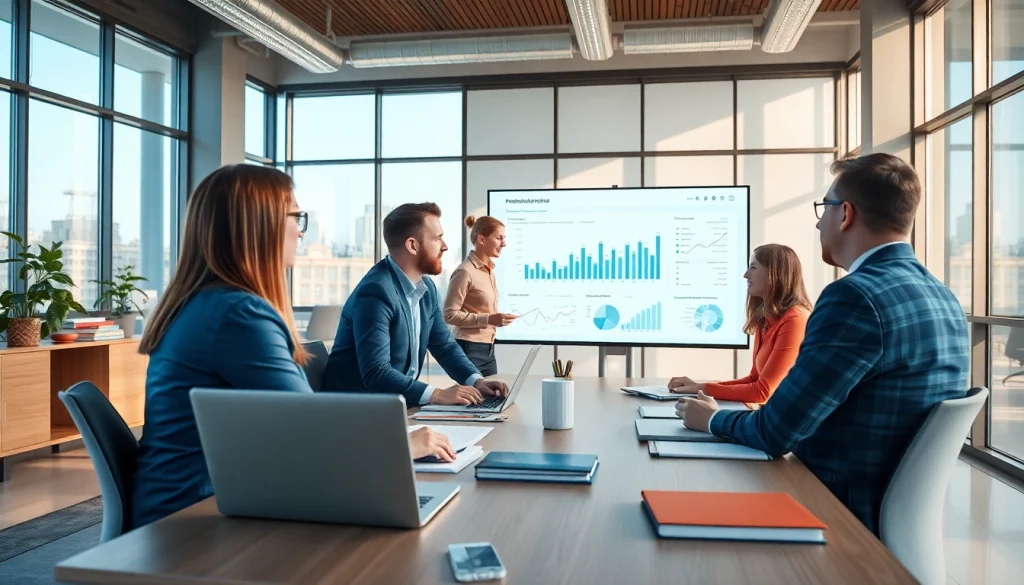 Analyze Competitive intelligence during a professional business meeting in a modern office.