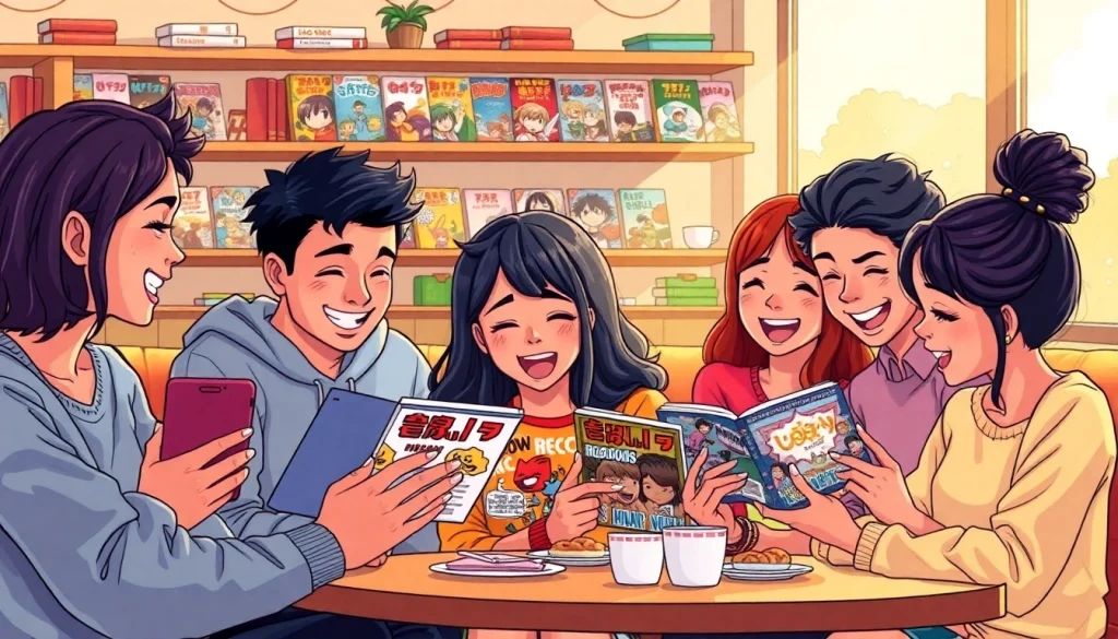 무료웹툰을 읽으며 즐거운 시간을 보내는 친구들의 모습