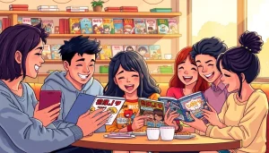 무료웹툰을 읽으며 즐거운 시간을 보내는 친구들의 모습