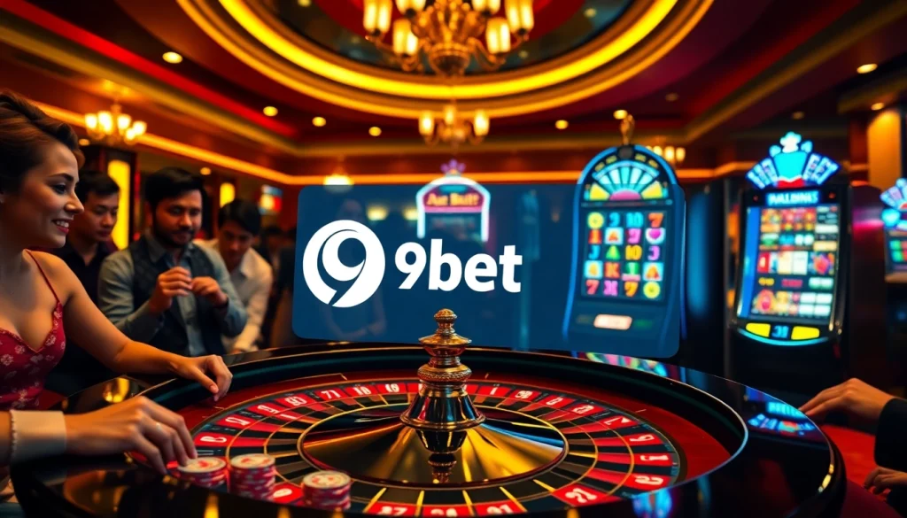 A vibrant casino scene with players at a roulette table featuring 9bet logo, showcasing excitement in gambling.