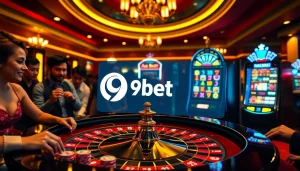 A vibrant casino scene with players at a roulette table featuring 9bet logo, showcasing excitement in gambling.