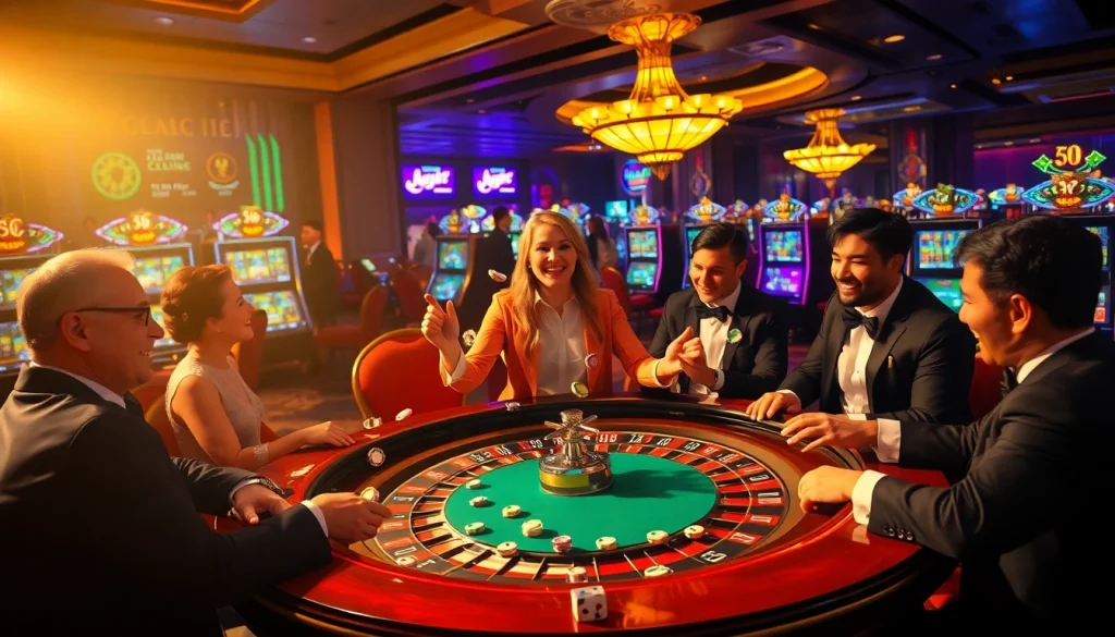 KJC Liên Minh players celebrate a roulette win in a vibrant casino atmosphere with colorful slot machines.