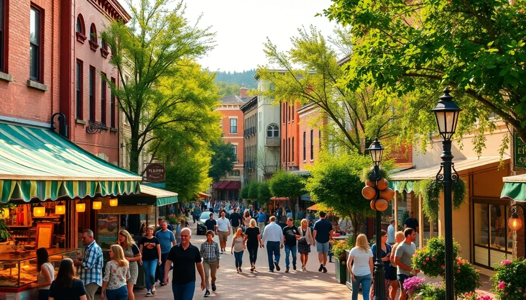 Clarksburg's vibrant downtown scene bustling with activity and community spirit.