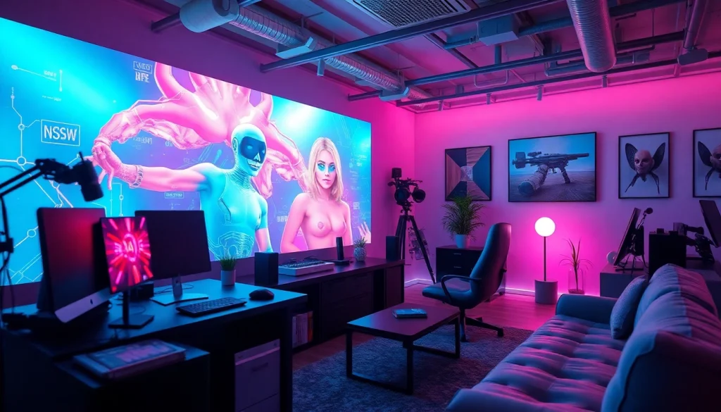Immersive interaction scene featuring NSFW AI-generated images in a futuristic workspace.