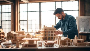 Architekturmodellbau Wiesbaden, Detailaufnahme eines kreativen Architekten bei der Arbeit an einem Modell.