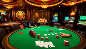 Players engaging in a high-stakes poker game at a debet-themed casino.