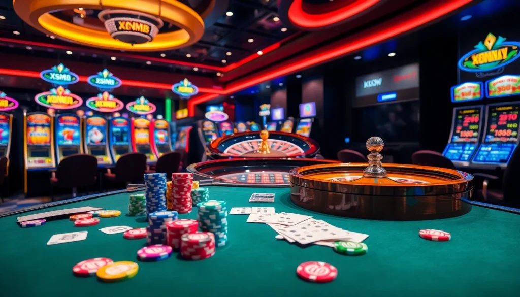 XSMB 247 showcases an exciting casino scene with vibrant tables and illuminated slot machines.