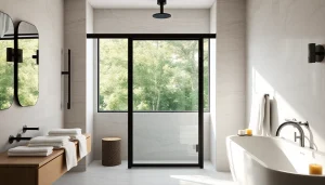 Enhance your bathroom style with a shower door black frame showcasing modern elegance and sleek design.