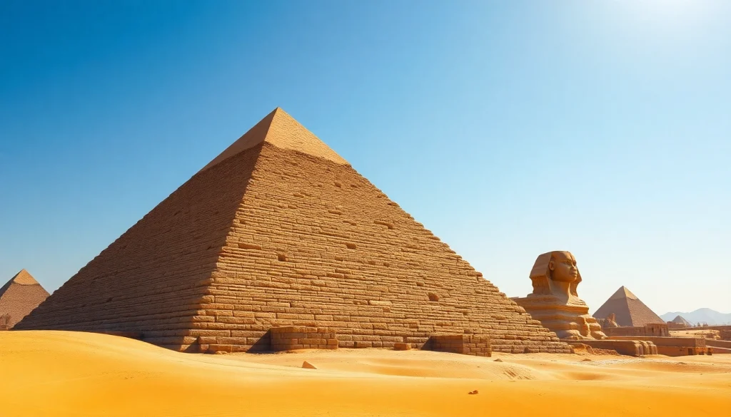 Pyraminds standing majestically against the blue sky with golden sands, showcasing ancient architecture.