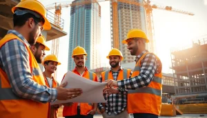 Austin construction site with energetic workers collaborating on a modern skyscraper project.
