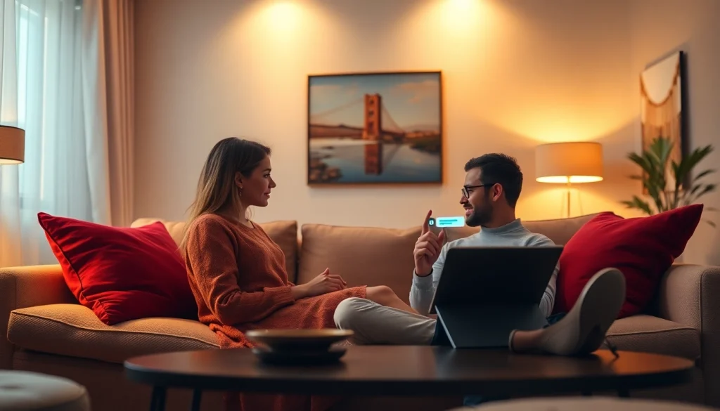 Engaging in an ai sex chat on a modern tablet in a cozy living room setting.