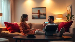 Engaging in an ai sex chat on a modern tablet in a cozy living room setting.