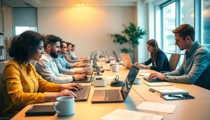 Engaging scene at a typing center highlighting focused individuals in a professional setting.
