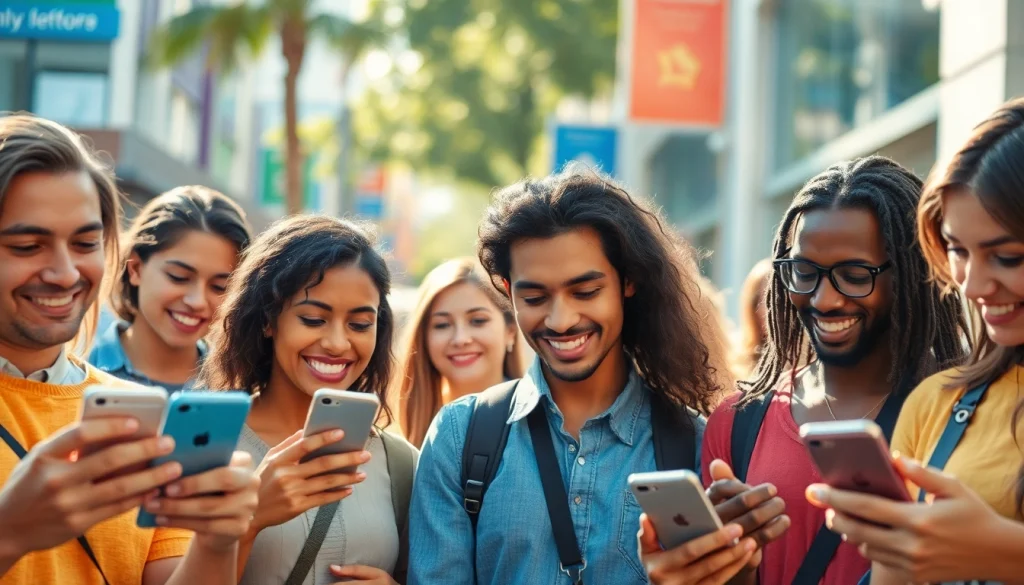 How to find OnlyFans creators near me in a lively urban scene with diverse individuals using smartphones.