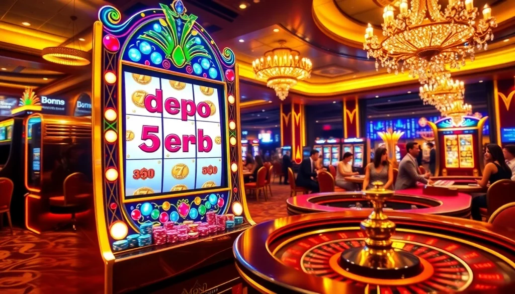 Spin the vibrant slot depo 5rb machine amidst a luxurious casino atmosphere.
