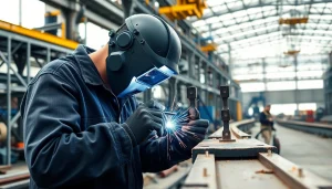 Skilled worker performing structural steel welding in a vibrant industrial setting.