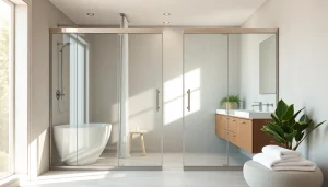 Showcase sunney shower doors in a bright bathroom with modern design features.