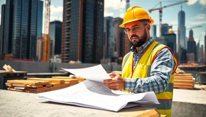 New York City General Contractor reviewing blueprints at a bustling construction site with a city skyline.