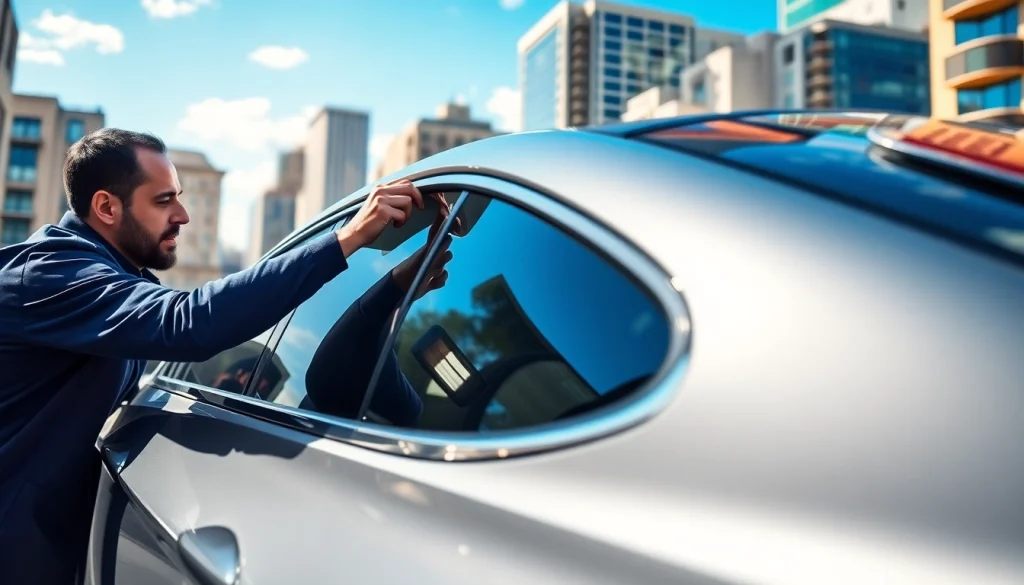 Applying window tint Chattanooga by a skilled technician on a modern car in a bright city setting.