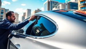 Applying window tint Chattanooga by a skilled technician on a modern car in a bright city setting.