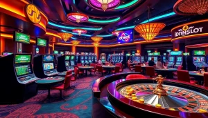 Experience thrilling gameplay at an idnslot casino, featuring vibrant slot machines and high-stakes poker tables.