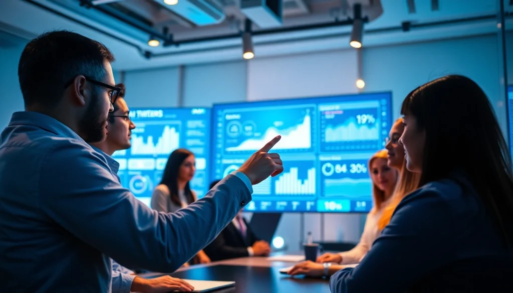 Cybersecurity AI team analyzing data trends in a modern office setting.