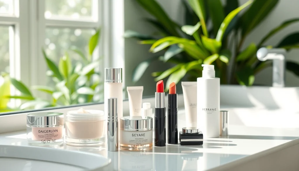Kosmetika odos priežiūros produktai stilingai išdėstyti ant vonios stalo.