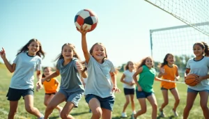 Girls participating in Multi Sports Camps for Girls, showcasing teamwork and athleticism in a sunny outdoor setting.